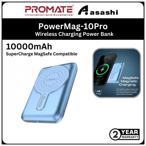 Promate PowerMag-10Pro 10000mAh SuperCharge MagSafe Compatible Wireless Charging Power Bank - Blue (2yrs Manufacturer Warranty)