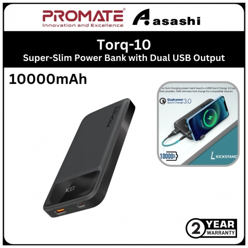 Promate Torq-10 10000mAh Super-Slim Power Bank with Dual USB Output - Black (2yrs Manufacturer Warranty)