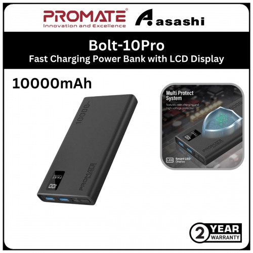 Promate Bolt-10Pro Super Slim Design 10000mAh Fast Charging Power Bank with LCD Display - Black (2yrs Manufacturer Warranty)