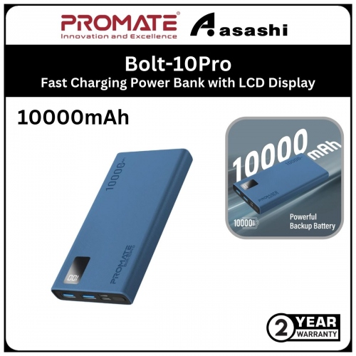 Promate Bolt-10Pro Super Slim Design 10000mAh Fast Charging Power Bank with LCD Display - Blue (2yrs Manufacturer Warranty)