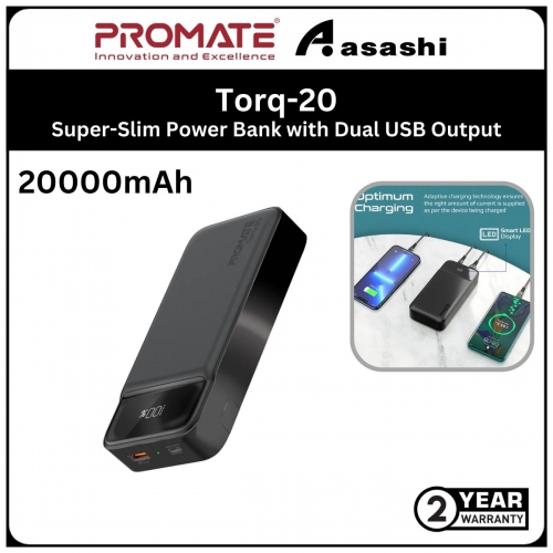 Promate Torq-20 20000mAh Super-Slim Power Bank with Dual USB Output - Black (2yrs Manufacturer Warranty)