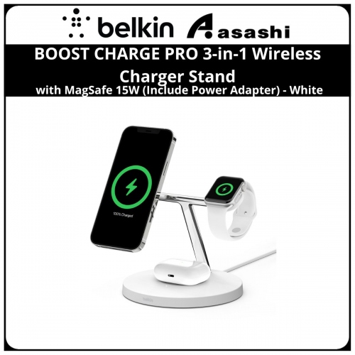 Belkin BOOST CHARGE PRO 3-in-1 Wireless Charger Stand with MagSafe 15W (Include Power Adapter) - White