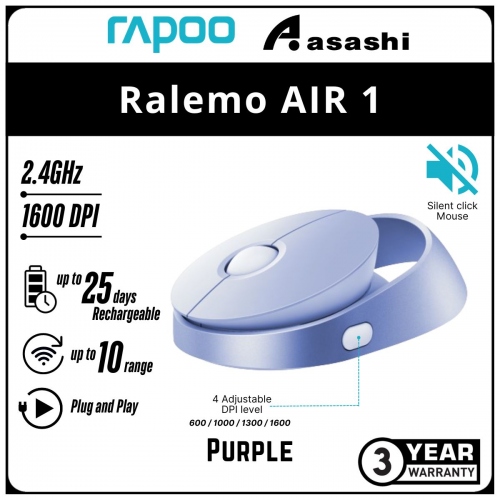 Rapoo Ralemo AIR 1 Silent (Purple) Multi-mode Wireless Mouse - 3Y