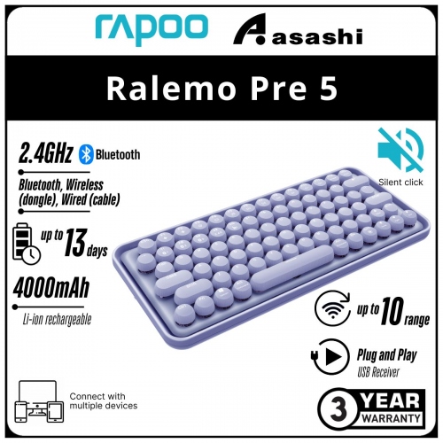 Rapoo Ralemo Pre 5 Silent (Purple) Multi-mode Wireless Keyboard - 3Y