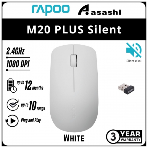 Rapoo M20 PLUS Silent (White) Wireless Mouse - 3Y