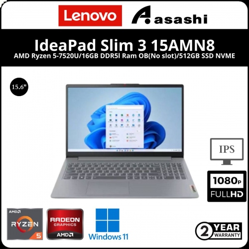 Lenovo IdeaPad Slim 3 15AMN8 Notebook-82XQ0040MJ-(AMD Ryzen 5-7520U/16GB DDR5l Ram OB(No slot)/512GB SSD NVME/Integrated AMD Radeon™ Graphics/15.6