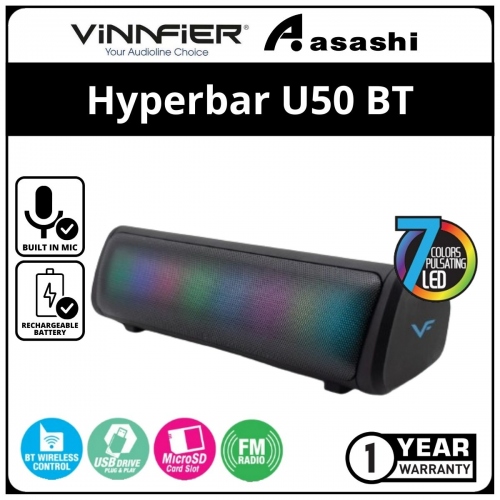 Vinnfier Hyperbar U50 BT (Black) Portable Bluetooth Soundbar - 1Y