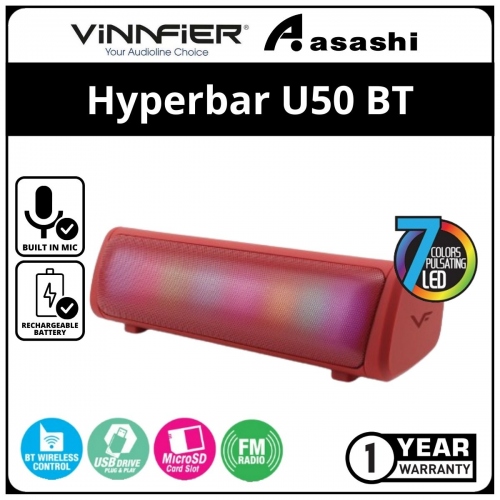Vinnfier Hyperbar U50 BT (Red) Portable Bluetooth Soundbar - 1Y