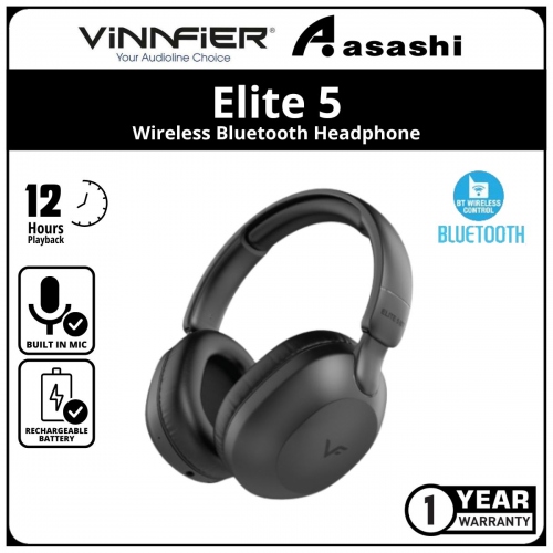 Vinnfier Elite 5 (Black) Wireless Bluetooth Headphone - 1Y