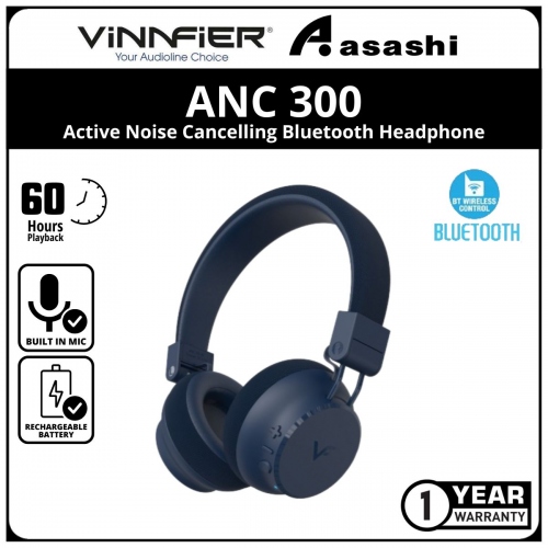 Vinnfier ANC 300 (D.Blue) Active Noise Cancelling Bluetooth Headphone Strong Bass Bluetooth V5.3 up to 60H Playtime - 1Y