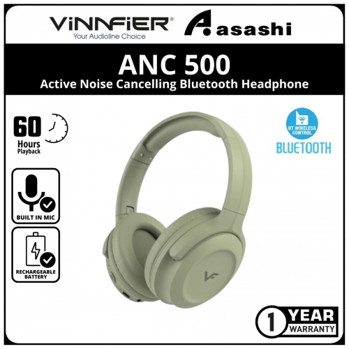 Vinnfier ANC 500 BT (Earth Green) Active Noise Cancelling Bluetooth Headphone Strong Bass Bluetooth V5.3 up to 60H Playtime - 1Y