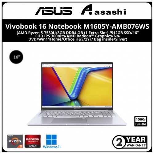 Asus Vivobook 16 Notebook-M1605Y-AMB076WS-(AMD Ryzen 5-7530U/8GB DDR4 OB (1 Extra Slot) /512GB SSD/16