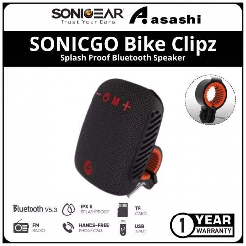 Sonic Gear SONICGO Bike Clipz Splash Proof Bluetooth Speaker with Phone Answering - Black