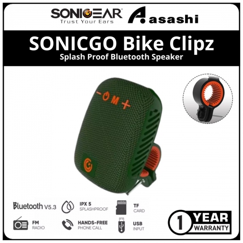 Sonic Gear SONICGO Bike Clipz Splash Proof Bluetooth Speaker with Phone Answering - Green