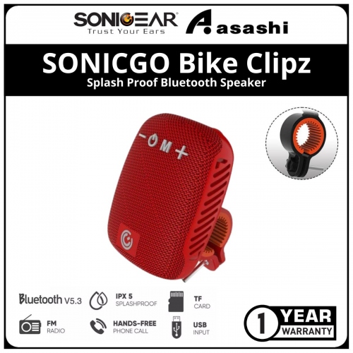 Sonic Gear SONICGO Bike Clipz Splash Proof Bluetooth Speaker with Phone Answering - Red
