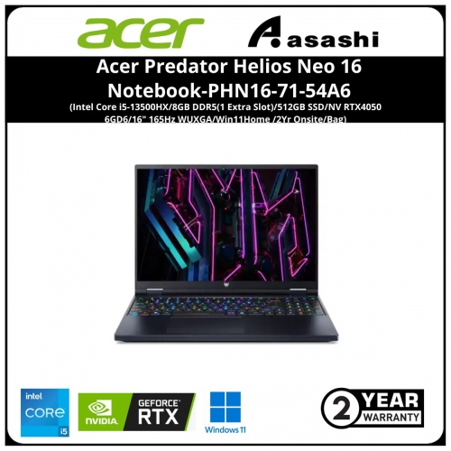Acer Predator Helios Neo 16 Notebook-PHN16-71-54A6-(Intel Core i5-13500HX/8GB DDR5(1 Extra Slot)/512GB SSD/NV RTX4050 6GD6/16