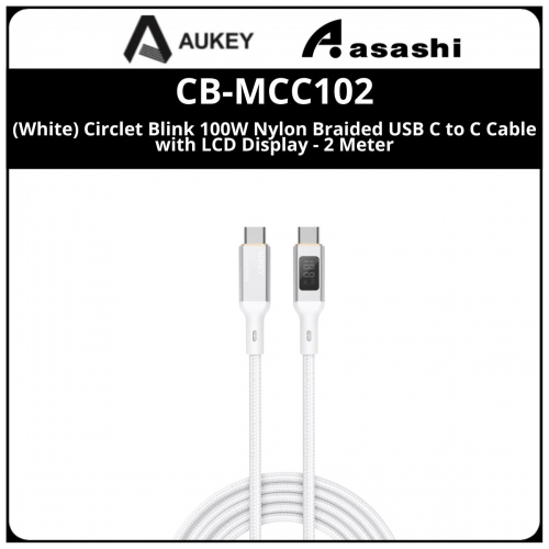 AUKEY CB-MCC102 (White) Circlet Blink 100W Nylon Braided USB C to C Cable with LCD Display - 2 Meter