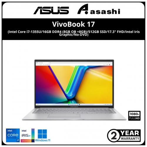 Asus Vivobook A1704V-AAU233WS Notebook - (Intel Core i7-1355U/16GB DDR4 (8GB OB +8GB)/512GB SSD/17.3