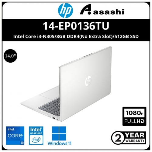 HP 14-ep0136TU Notebook-97S02PA- (Intel Core i3-N305/8GB DDR4(No Extra Slot)/512GB SSD/14