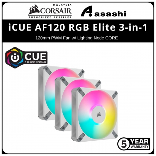 Corsair iCUE AF120 RGB Elite 3-in-1 (White) 120mm PWM Fan w/ Lighting Node CORE - 2100RPM