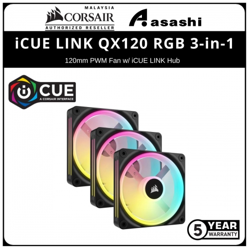 Corsair iCUE LINK QX120 RGB 3-in-1 (Black) 2400RPM 120mm PWM Fan w/ iCUE LINK Hub