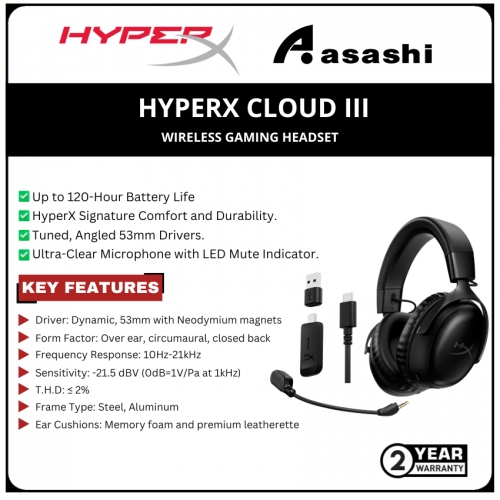 HP HyperX Cloud III Gaming Headset-Black-(727A8AA)-(USB A & USB C, 53MM)-2 Years Warranty