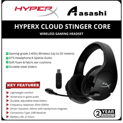 HP HyperX Cloud Stinger Core Wireless Gaming Headset-4P4F0AA-(40mm, USB Wireless Adapter, 17Hours-4P4F0AA)-2 Years Warranty