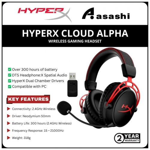 HP HyperX Cloud Alpha Wireless Gaming Headset-(50mm, USB Wireless Adapter, 300Hours-4P5D4AA)-2 Years Warranty