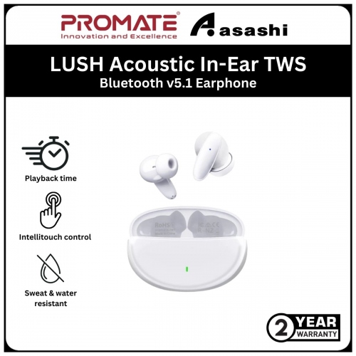 Promate LUSH Acoustic In-Ear TWS Bluetooth v5.1 Earphone with 19-Hour Playback -White