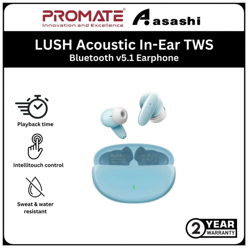 Promate LUSH Acoustic In-Ear TWS Bluetooth v5.1 Earphone with 19-Hour Playback -Blue