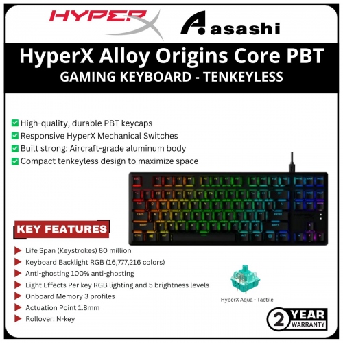 HP HyperX Alloy Origins Core PBT Gaming Keyboard-Tenkeyless-HyperX Aqua Switch-(639N9AA) 2 Years Warranty