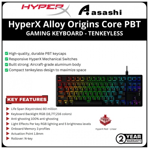 HP HyperX Alloy Origins Core PBT Gaming Keyboard-Tenkeyless-HyperX Red Switch-(639N7AA) 2 Years Warranty