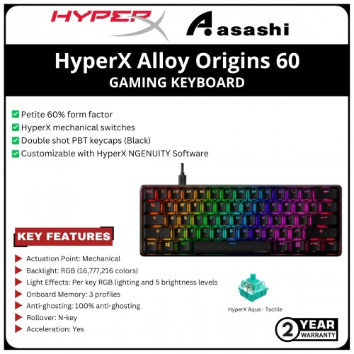 HP HyperX Alloy Origins 60 Gaming Keyboard-HyperX Aqua Switch-(56R61AA) 2 Years Warranty