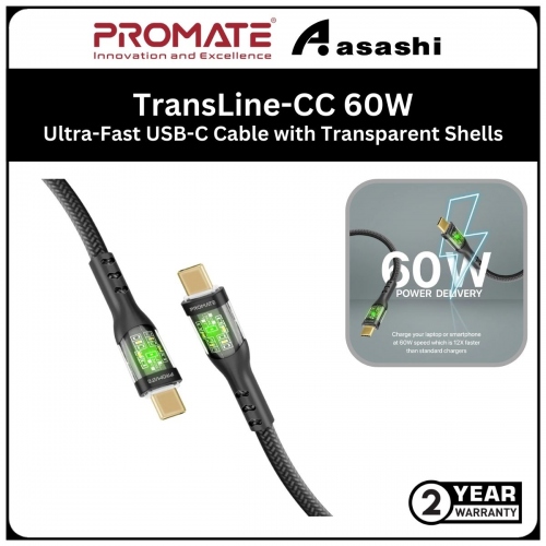 Promate TransLine-CC 60W Power Delivery Ultra-Fast USB-C Cable with Transparent Shells - Black