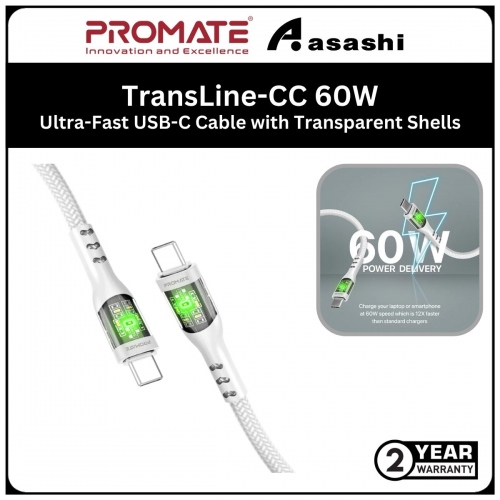Promate TransLine-CC 60W Power Delivery Ultra-Fast USB-C Cable with Transparent Shells - White