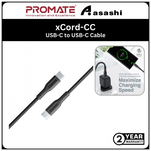 Promate xCord-CC Super-Flexible USB-C to USB-C Cable with 2A Standard Charging & 10000+ Bend Lifespan - Black