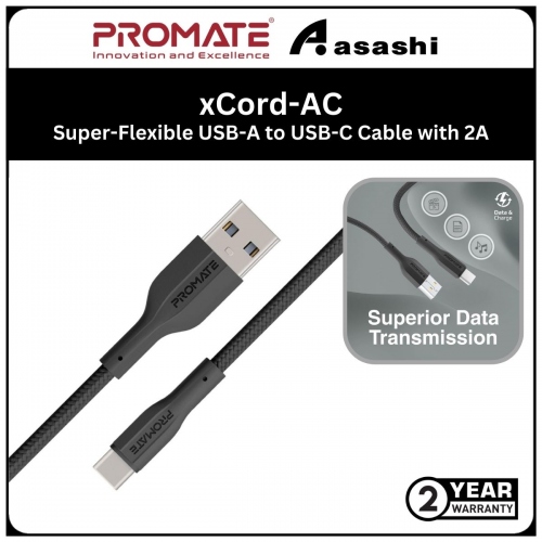 Promate xCord-AC Super-Flexible USB-A to USB-C Cable with 2A Standard Charging & 10000+ Bend Lifespan - Black