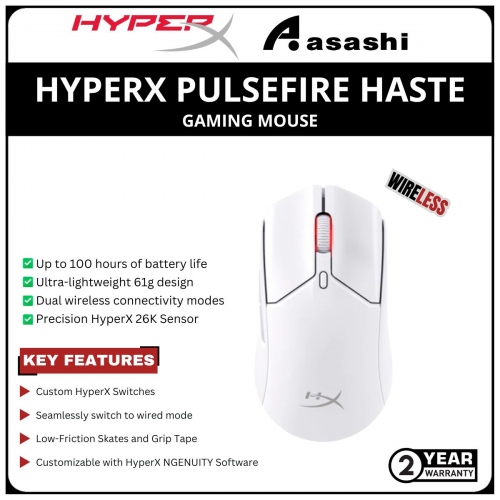 HP HyperX Pulsefire Haste 2 Wireless + Bluetooth RGB Gaming Mouse-White-(6N0A9AA)-2 Years Warranty