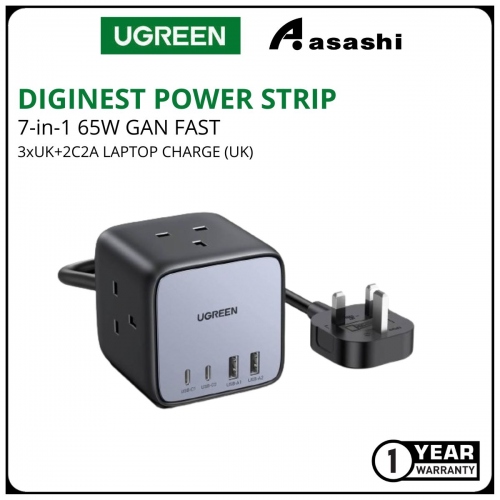 UGREEN 90906 DIGINEST POWER STRIP 7IN1 65W GAN FAST 3*UK+2C2A LAPTOP CHARGE (UK)