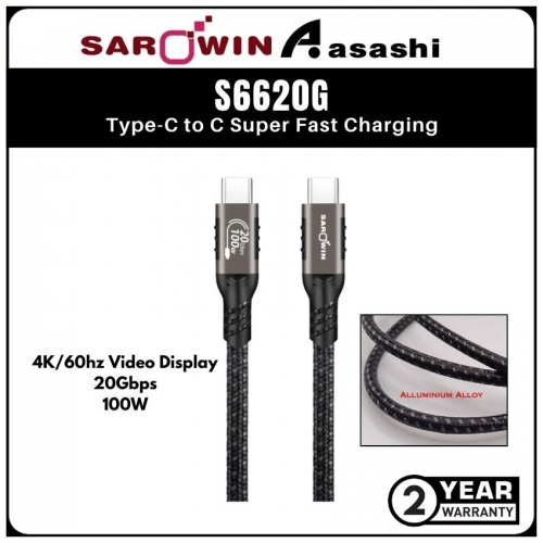 Sarowin S6620G (2.0M) 100W Type C to C 4K/60hz Video Display 20Gbps Super Fast Charging