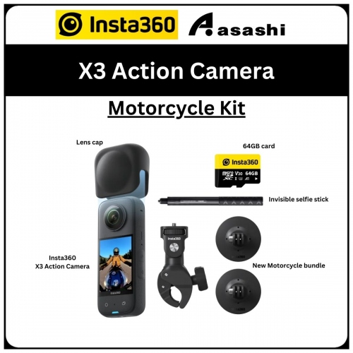 Insta360 X3 Motorcycle Kit Limited Edition Set (CINSAAQQ) - Standalone+Invisible selfie stick+Lens cap+64GB card+New Motorcycle bundle
