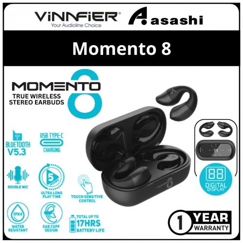 Vinnfier VF Momento 8 (Black) TWS Air Conduction Stereo Earbuds Bluetooth 5.3 Touch Control Water Resistant