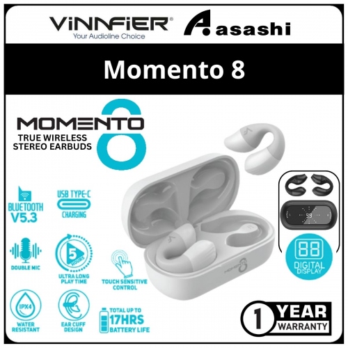 Vinnfier VF Momento 8 (White) TWS Air Conduction Stereo Earbuds Bluetooth 5.3 Touch Control Water Resistant