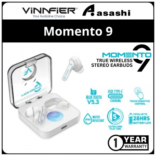 Vinnfier VF Momento 9 (White) True Wireless Earbuds Bluetooth 5.3 Water Resistant Touch Control Up to 28 Hours Battery Life
