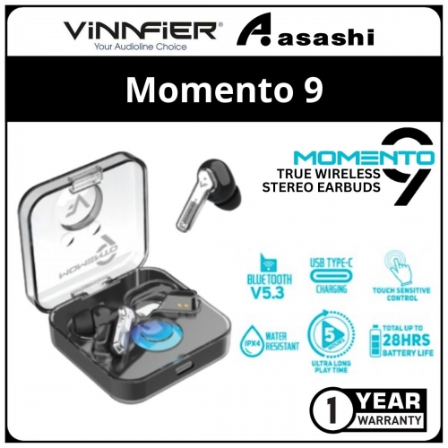 Vinnfier VF Momento 9 (Black) True Wireless Earbuds Bluetooth 5.3 Water Resistant Touch Control Up to 28 Hours Battery Life