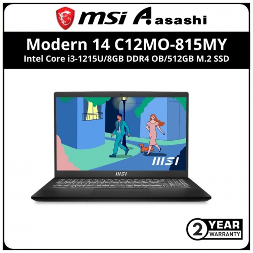 MSI Modern 14 C12MO-815MY Notebook-(Intel Core i3-1215U/8GB DDR4 OB/512GB M.2 SSD/Intel UHD Graphic/14