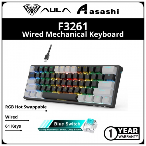AULA F3261 61 Keys (Grey Black / Blue Switch) RGB Hot Swappable Wired Mechanical Keyboard