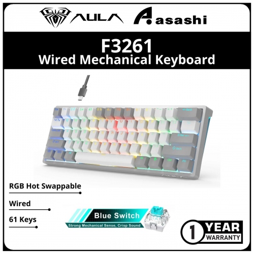 AULA F3261 61 Keys (Grey White / Blue Switch) RGB Hot Swappable Wired Mechanical Keyboard