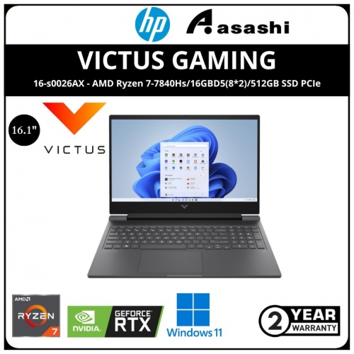 HP Victus Gaming 16-s0026AX Notebook-7Z789PA-(AMD Ryzen 7-7840Hs/16GBD5(8*2)/512GB SSD PCIe/NV RTX4070 8GB Graphic/16.1