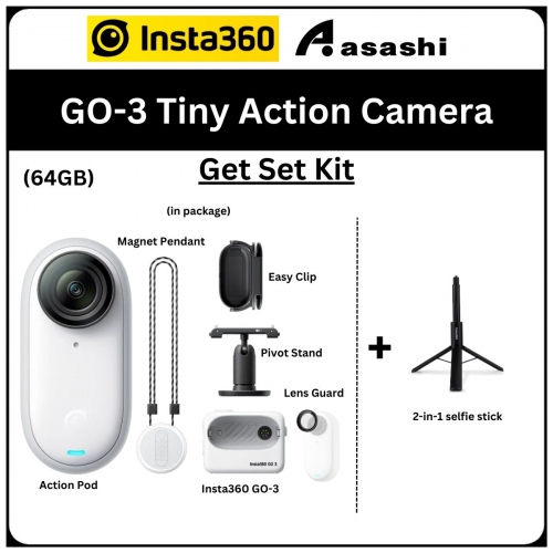GET SET KIT - Insta360 GO 3 (64gb) Tiny Action Camera with 2in1 Selfie Stick - CINSABKA-GSK (GO301)